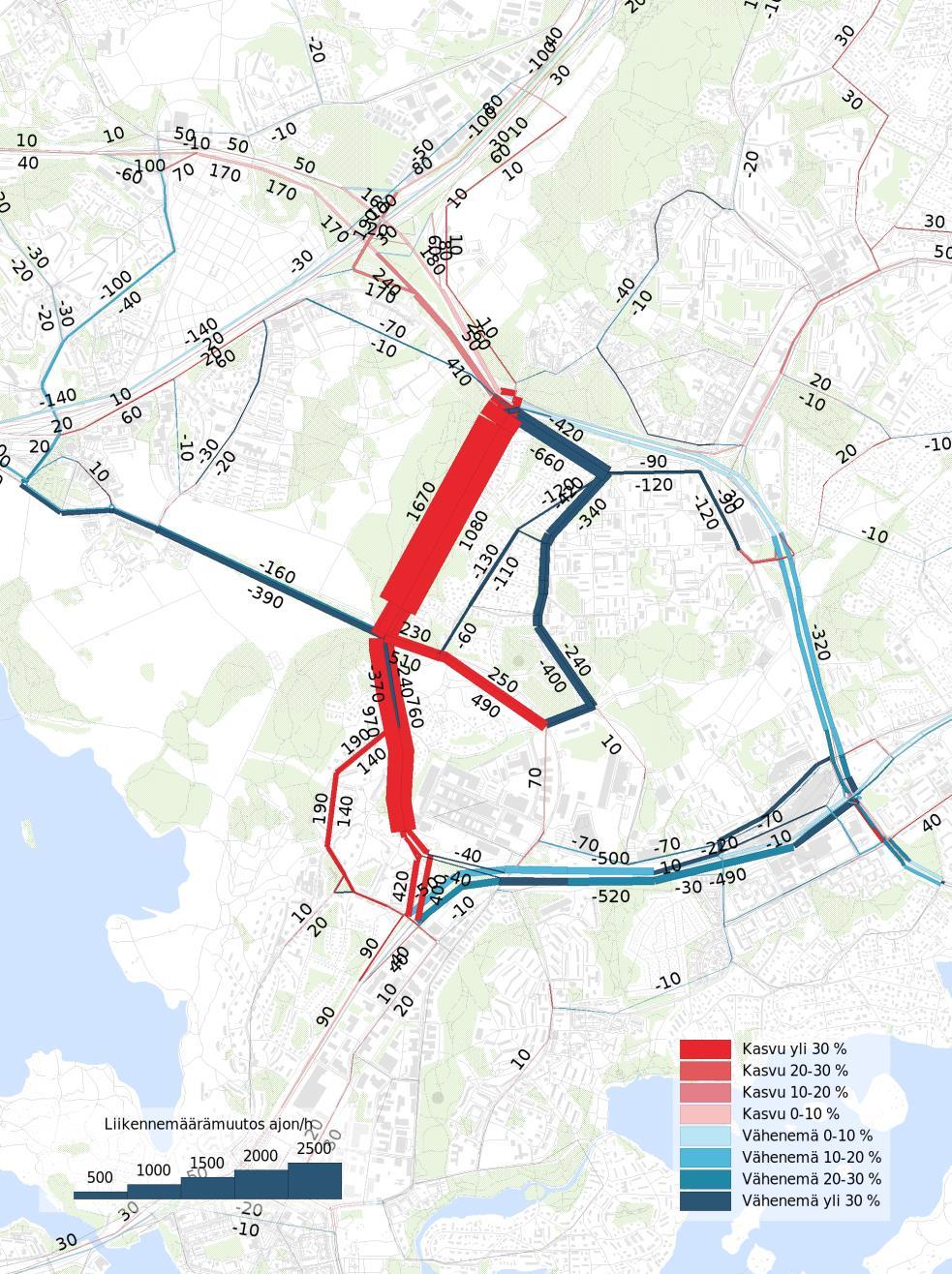 Viikin yhdyskadun Itäväylä-Kehä I vaikutukset tie- ja katuverkon liikennemääriin, aamuhuipputunti v. 2050.