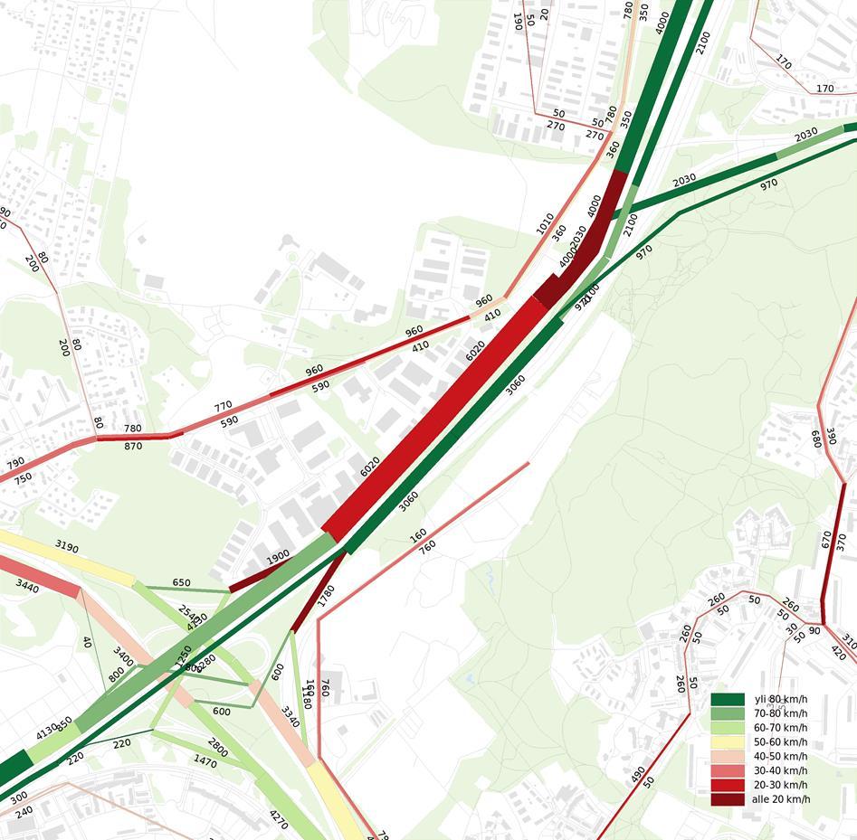 Liikenne-ennusteet Autoliikenteen ennuste ilman parantamistoimia, aamuhuipputunti 2050 (taustakartat OpenStreetMap).
