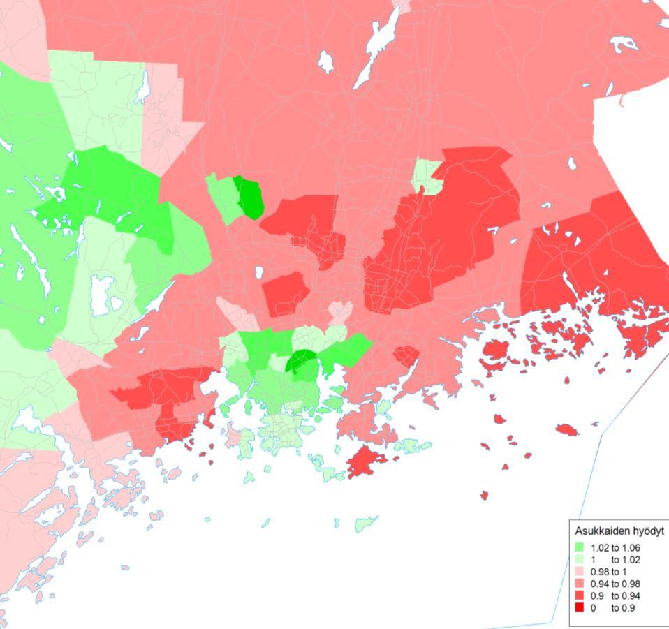 Asuinalueiden saavutettavuusmuutos bulevardivaihtoehdossa 3 (vihreä=paranee, punainen=heikkenee) Pelkän maankäyttömuutoksen (vas) ja pelkän liikenneverkkomuutoksen (oik) vaikutus asuinalueiden