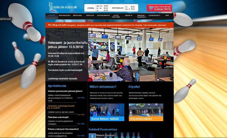 5.1 Mikkelin keilahallin sivujen nykytila 23 Mikkelin keilahallin verkkosivujen ilme nykyään on varsin hyvä, tosin avatessa selaimeen ensimmäiseksi tulee tunne pienestä sekavuudesta sisällön ja