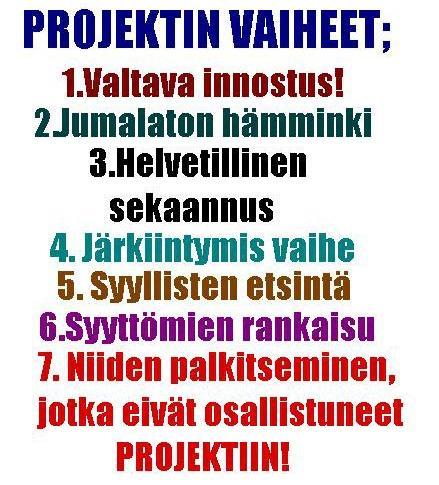 Aikatauluista, kustannuksista, laadusta ja riskeistä.