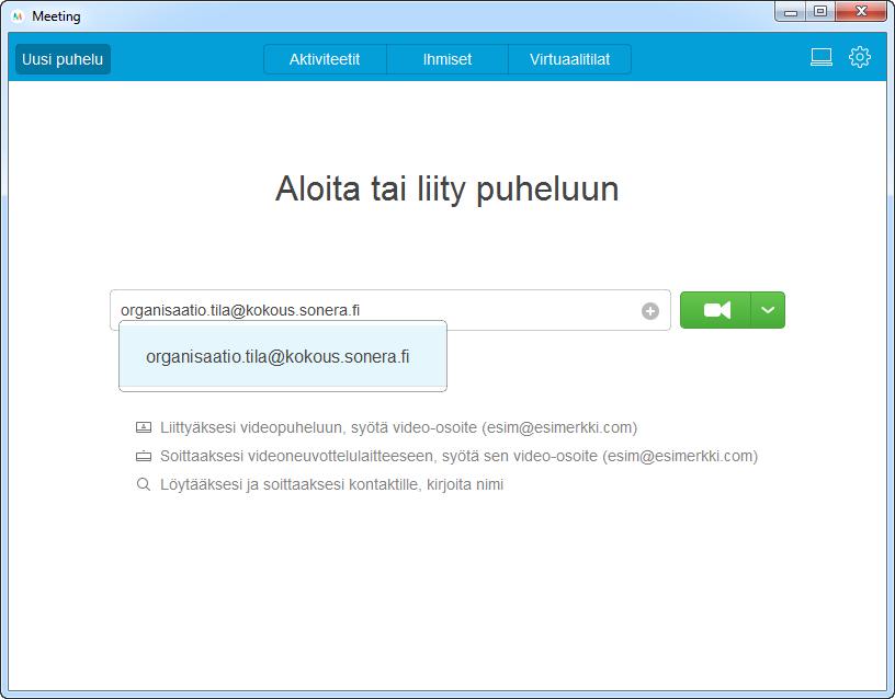 Soittaminen sovelluksella Kun haluat soittaa uuden puhelun Napauta Uusi puhelu Kirjoita osoiteriville osoite, johon haluat soittaa 3.