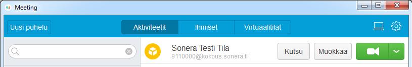 sonera.fi. Virtuaalihuoneet ovat muodossa 9012345@kokous.sonera.fi (puheenjohtaja) ja 9112345@kokous.sonera.fi (osallistuja).