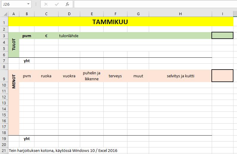 Tehtävä 1 (3p): Solujen muotoiluharjoitus Aulikki Hyrskykari, Juhani Linna Tässä tehtävässä ei varsinaisesti vielä käytetä taulukkolaskentaohjelman laskentaominaisuuksia.