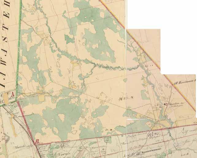 Niittykulmantie Linjamäentie Kellokoskentie Koulutie Kellokosken kartanon maita 1840-60-luvulla; vasemmassa alareunassa näkyy ratalinjaus.
