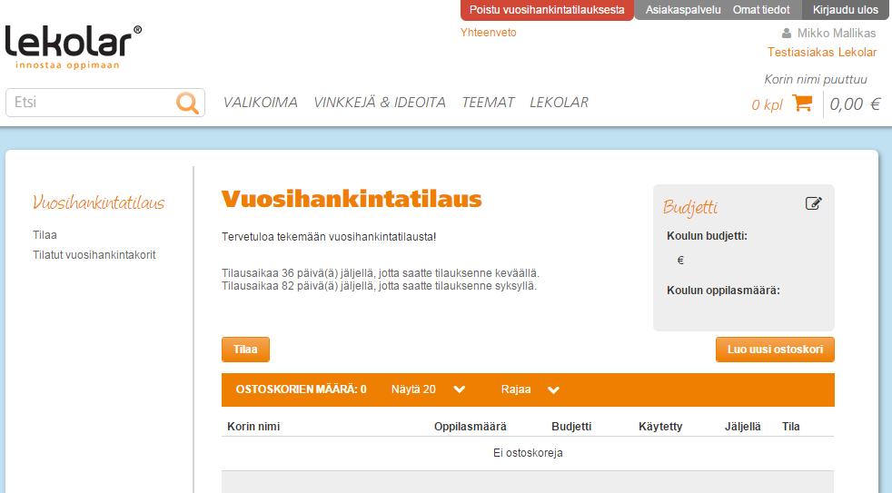 28(36) 14 Vuosihankintatilaus Vuosihankintatilaukset tehdään suureksi osaksi samalla tavalla kuin edellisissä kohdissa esitellyt tuotteiden lisääminen ostoskoriin ja tilauksen lähettäminen.