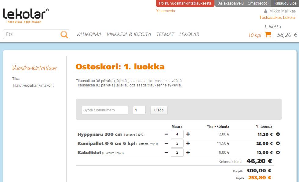 32(36) Voit vaihtaa vuosihankintakoria viemällä hiiren korin nimen päälle ja valitsemalla alasvetovalikosta jonkun toisen kesken olevista vuosihankintakoreista.