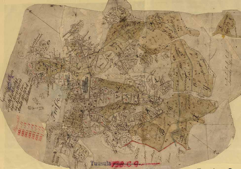 Tuusulan kirkonkylän tiluksia Nils Westermarkin vuonna 1758 laatimalla isojakokartan luonnosversiossa.