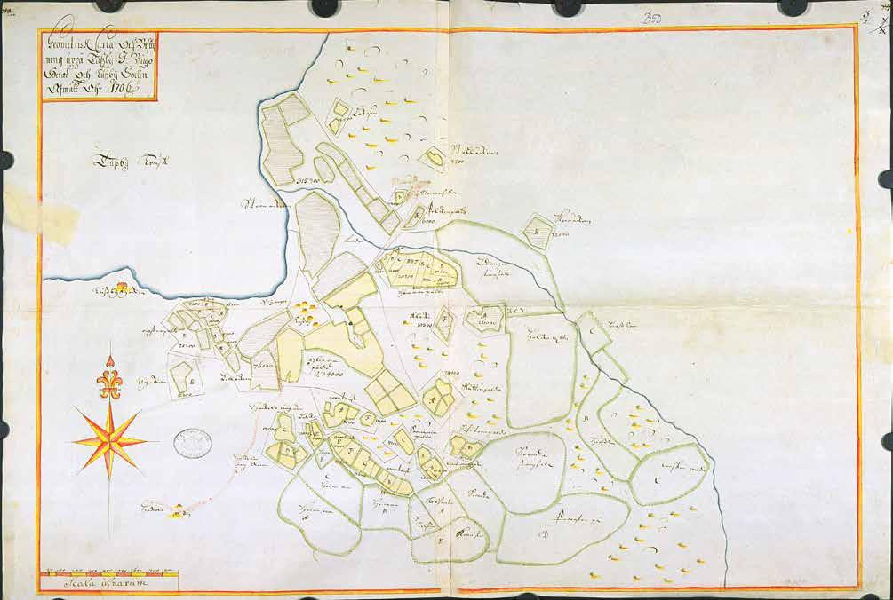 Tuusulan kirkonkylä vuonna 1706 peltoineen, niittyineen ja taloineen.