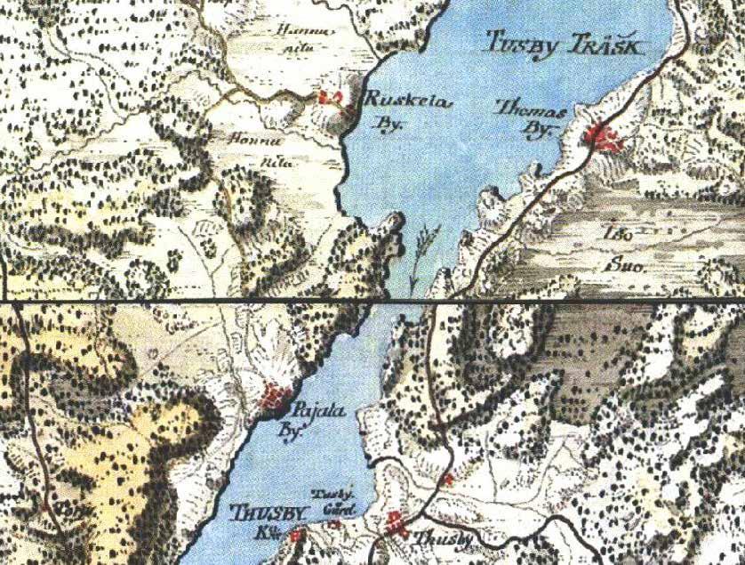 Ruskela, Paijala ja Tuomala 1760-luvulla laaditussa kuninkaankartaston koostekartassa.