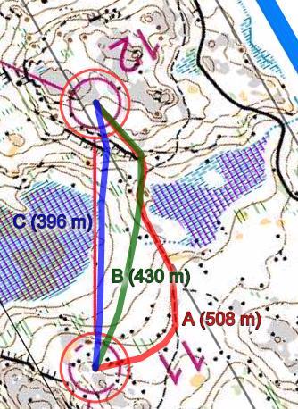 Valinta sopii kovakuntoiselle suunnistajalle, jolla riittää reidessä puhtia. Reitti B on hankalampi toteuttaa, sillä suunnistajan täytyy löytää ja pitää oikea taso rinteessä.