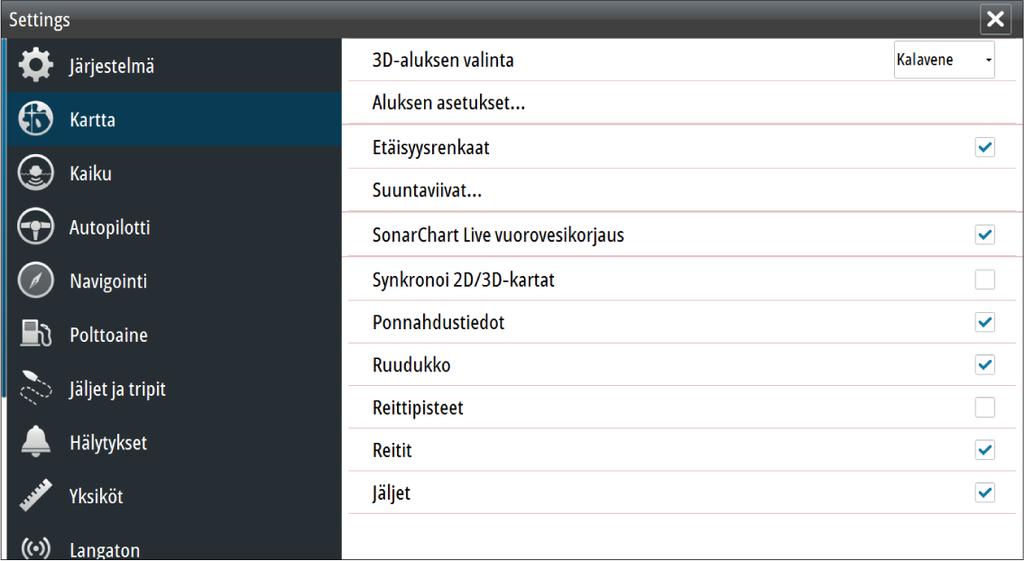 Valitse Navionics-karttavalikossa Kerros ja sitten SonarChart Live, jolloin voit näyttää sen kartan tietokerroksena.