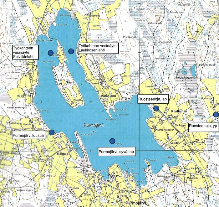 43 7 VEDEN LAADUN SEURANTA Purmojärven kunnostukseen saatu lupa edellyttää, että kunnostustoimenpiteiden vaikutuksia veden laatuun on tarkkailtava Länsi-Suomen ympäristökeskuksen hyväksymällä tavalla.