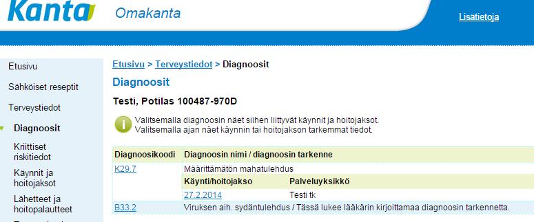 Diagnoosit -sivu Diagnoosit sivu koostaa kaikki potilaalle rakenteisesti kirjatut