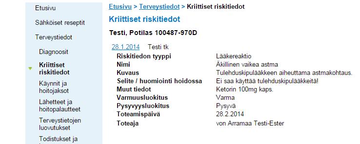 Kriittiset riskitiedot -sivu Omakanta näyttää vain potilaalle kirjatut Kriittiset riskitiedot Hoidossa