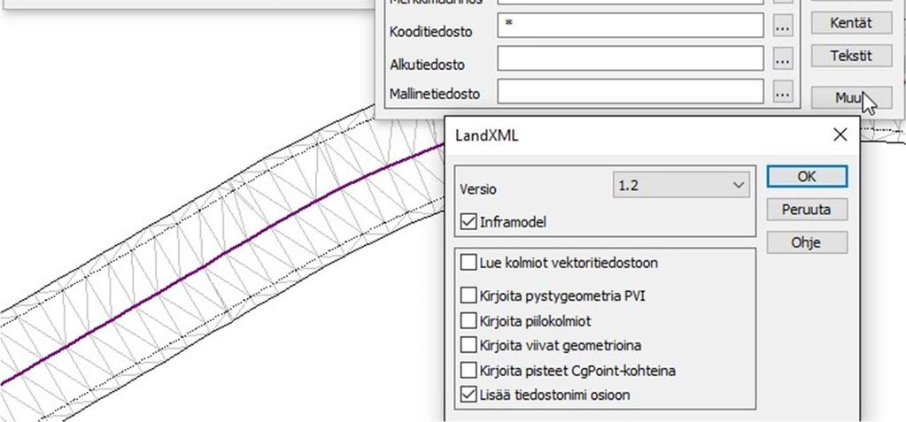 Lue aineisto(kolmioverkko/geometria/vektori) ruutuun Kirjoita formaatilla LandXml shift+lisää nimeä formaatin nimeksi Inframodel Kirjoitusasetukset: Lue kolmioverkko ruutuun