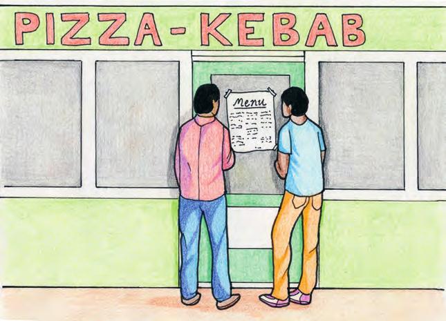 Harjoitus 13. a) Kuuntele keskustelu ja kirjoita puuttuvat sanat. Ali: Jes! Haluan pizzaa. Nasim: Pizza on epäterveellistä. Ali: Mutta se on hyvää. 1) syövät paljon pizzaa.