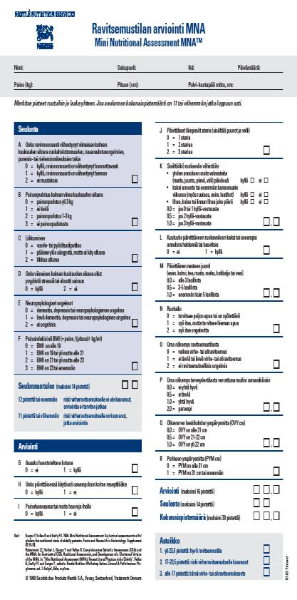 Ravitsemustilan arviointi 1. Painonseuranta 2. Ihon kunto 3. Ravitsemustilan arviointi MNA= Mini Nutritional Assessment) Ravitsemustila voidaan arvioida MNA-lomaketta käyttäen.