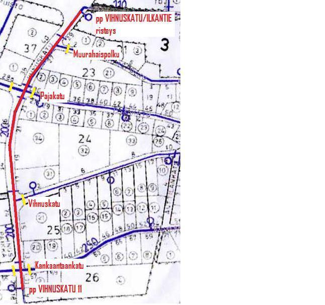 13 KUVA 3. Huuhtelulinja palopostista Vihnuskatu 11 palopostiin Vihnuskatu/Ilkantie risteys (Vesijohtoverkostokartta; Keskustaajama, pohjoisosa 2009) 4.