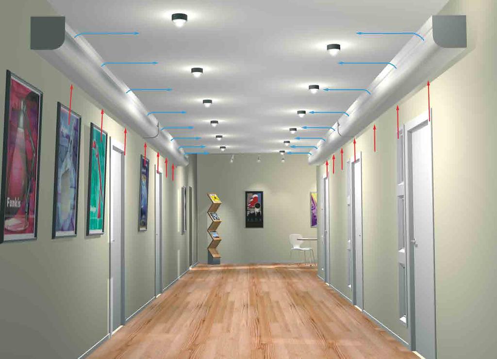 Jos ilmanjako on alas, jäähdytetty ilma puhalletaan seinää pitkin lattialle josta se leviää huoneeseen (kuva 5).
