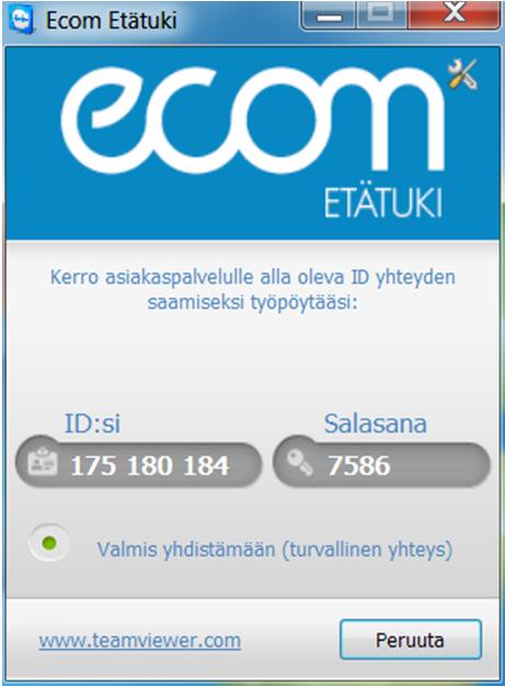 1.1 Ecom Etätukiohjelma Ecom Etätukiohjelmiston käynnistys avaa seuraavan ikkunan, jossa on ID:si-kenttä, joka