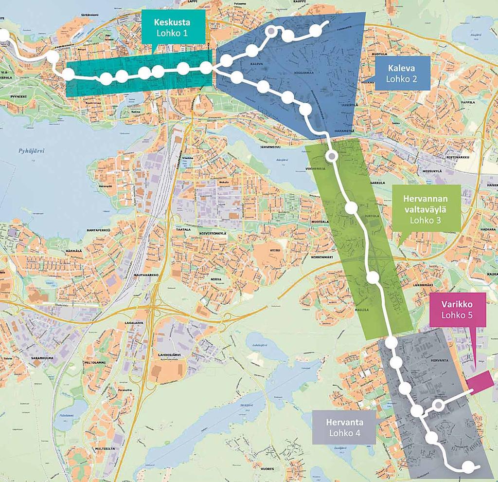 Tästä puhutaan nyt Raitiotien ensimmäinen rakennus Kuvassa eri työmaa-alueet eli lohkot sekä reitti, johon on merkitty valkoisella tulevat pysäkit ja harmaalla kohdat, joihin pysäkki voidaan rakentaa