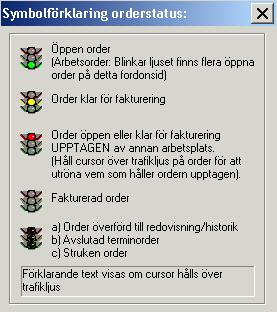 Tilauksen tila MekoEasy käyttää värillisiä kuvakkeita, jotka ilmaisevat tilauksen tilan. Alla on näytetty näiden selitykset. Kun osoitinta pidetään liikennevalon päällä, esiin tulee selvittävä teksti.