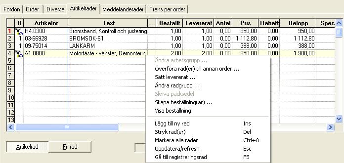 Myös tilausrivejä voidaan siirtää. Merkitse siirrettävät rivit. Dialogilaatikko tulee esiin kun napsautetaan hiiren oikeanpuoleisella painikkeella.
