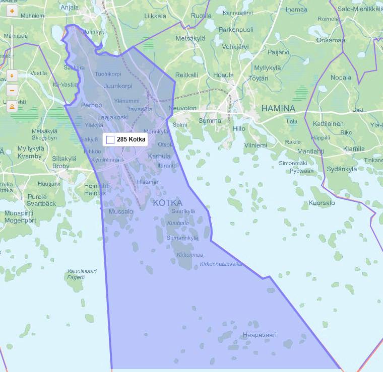 Etelä- Kymenlaaksoon, tai Kotkan-Haminan seutukuntaan, kuuluvat Kotkan lisäksi Pyhtää, Hamina, Virolahti ja Miehikkälä.