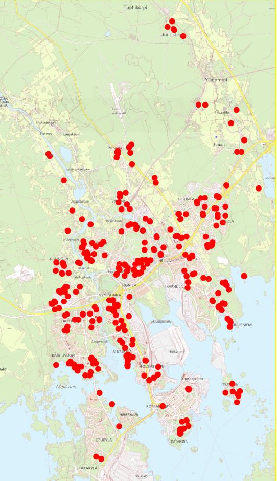4.9.2 Nykytilanne Kotkassa - maalämpökaivot Seuraavassa kuvassa on kartalla maalämpökaivojen paikat Kotkassa.
