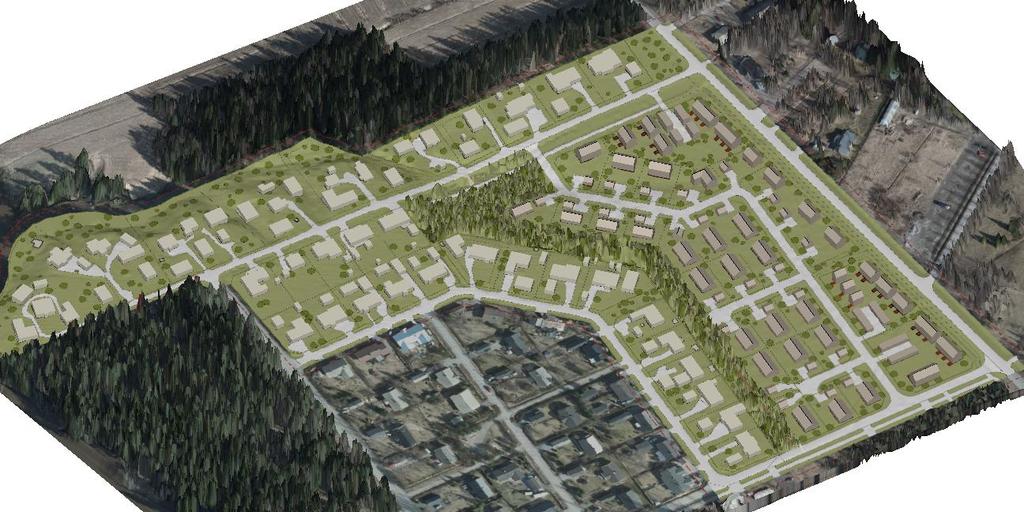 45 Kuva 29. 3D-visualisointi Linjapuisto II -alueelta, Kellokoskelta. Tummemmat rakennukset ovat uuden kaava-alueen suunniteltuja rakennuksia ja vaaleammat ovat vanhoja rakennuksia.