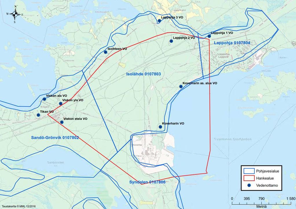 Hydrogeologinen tarkastelu 2.1.2017 9 (14) Kuva 5. Pohjavesialueet ja vedenottamot tarkastelualueella.