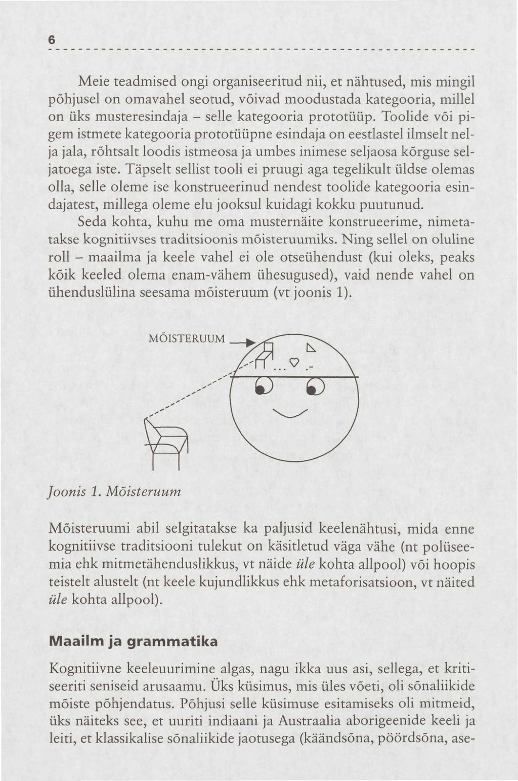 6 Meie teadmised ongi organiseeritud nii, et nähtused, mis mingil põhjusel on omavahel seotud, võivad moodustada kategooria, millel on üks musteresindaja - selle kategooria prototüüp.