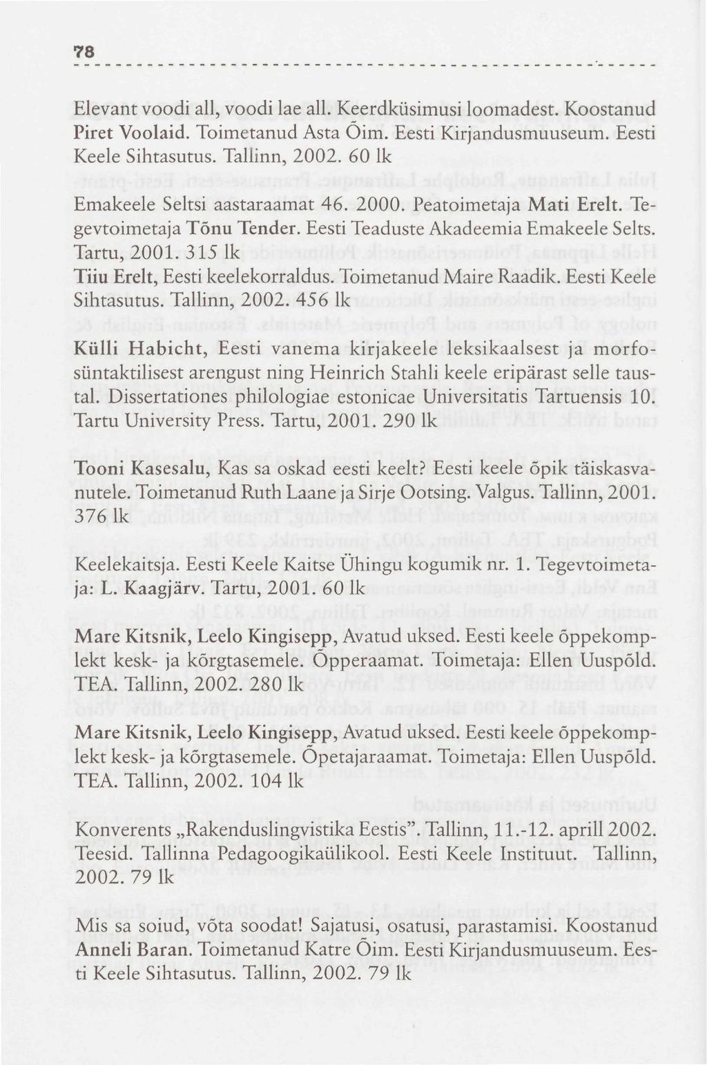 78 Elevant voodi all, voodi lae all. Keerdküsimusi loomadest. Koostanud Piret Voolaid. Toimetanud Asta Oim. Eesti Kirjandusmuuseum. Eesti Keele Sihtasutus. Tallinn, 2002.