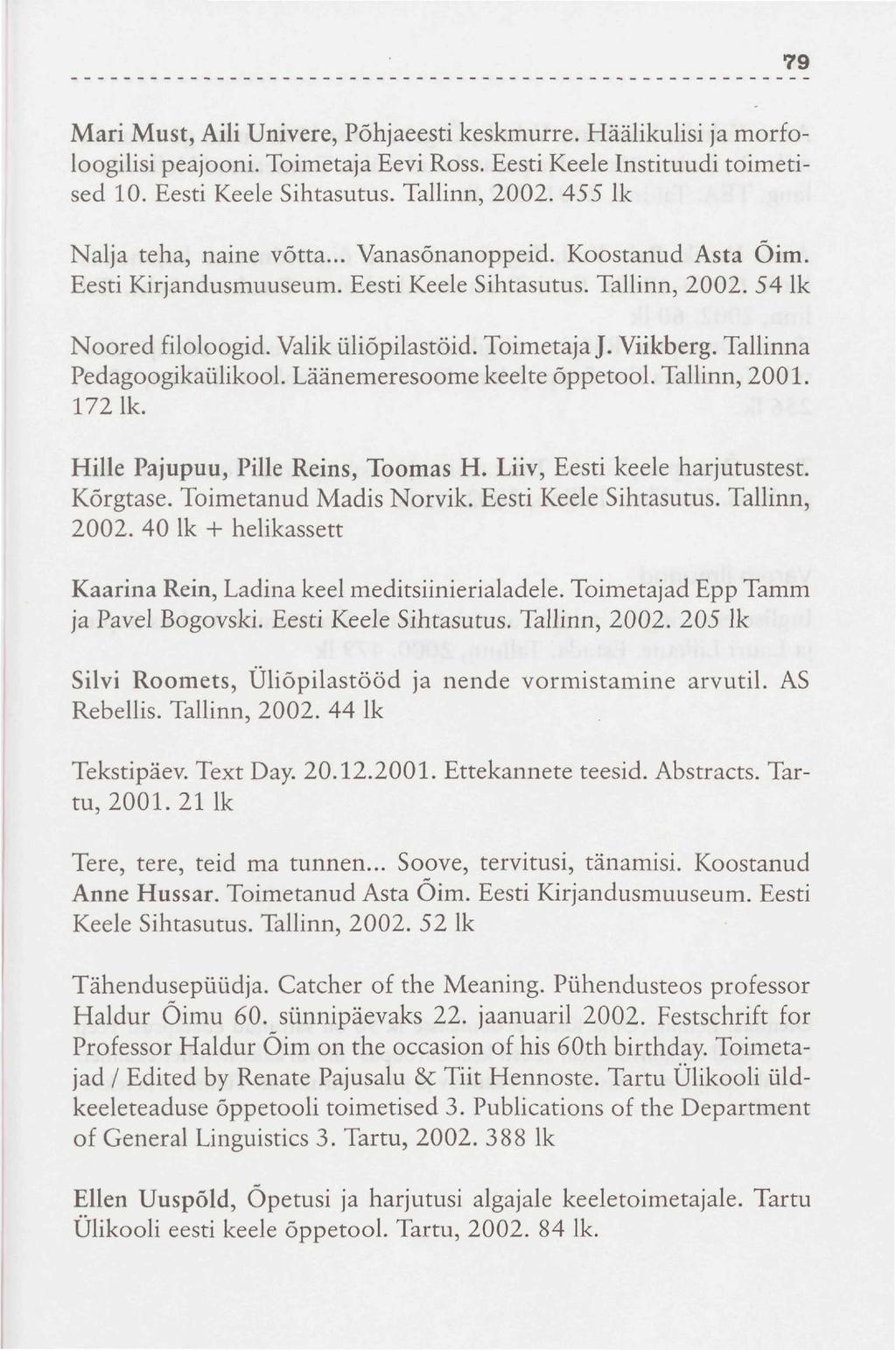 79 Mari Must, Aili Univere, Põhjaeesti keskmurre. Häälikulisi ja morfoloogilisi peajooni. Toimetaja Eevi Ross. Eesti Keele Instituudi toimetised 10. Eesti Keele Sihtasutus. Tallinn, 2002.