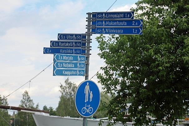 siniset polkupyöräreittien viitat 5,5 Utra, 3,5 Rantakylä, 2,4 Karsikko sekä oikeaan