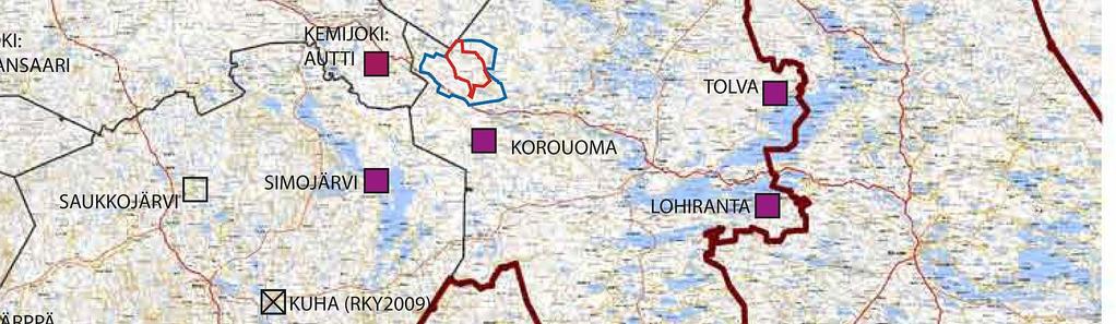 Kuvassa on esitetty YVA-hankealue sinisellä ja osayleiskaava-alue punaisella.