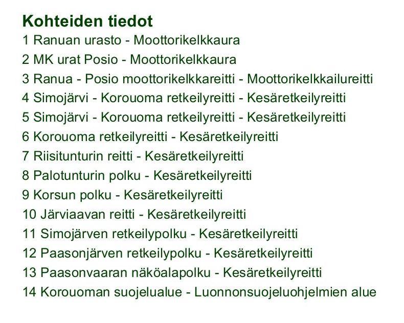 Alueella on monimuotoisesti eri luontotyyppejä ja harvinaisiakin kasvi- ja eläinlajeja. Korouoman halki on merkitty noin 25 km pituinen vaellusreitti.