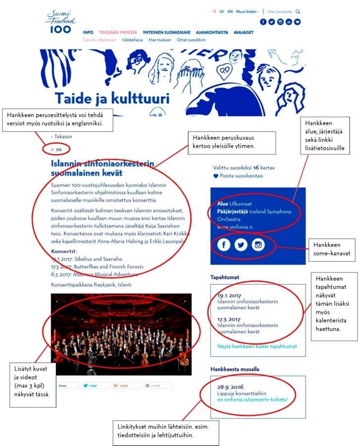 3. Kuvien ja videoiden liittäminen hanke-esittelyyn ja tapahtumatietoon Tekstin yhteydessä julkaistavan kuvan mitat ovat 560 x 330 dpi, mutta sen voi ladata järjestelmään muokkaamattomanakin, jolloin