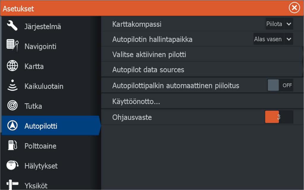 Autopilotin asetukset Ú Huomautus: Autopilotin asetusikkunassa näkyvät valinnat vaihtelevat sen mukaan, onko uistelumoottorin tai perämoottorin autopilotti toiminnassa.