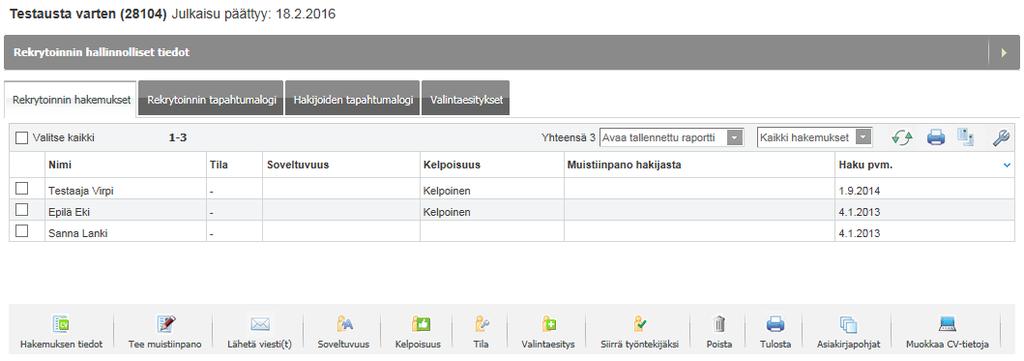 Hakijalistanäkymässä näytetään hakijoista tiettyjä tietoja (=listanäkymän sarakkeet) oletusarvoisesti.