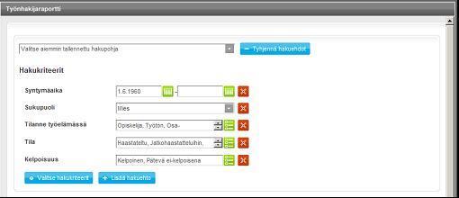 Tämän jälkeen valittuihin tietokenttiin voidaan asettaa haluttu hakukriteeri. Tästä esimerkki alla. Hakukriteereitä voidaan poistaa klikkaamalla kriteerin oikealla puolella olevaa punaista rastia.
