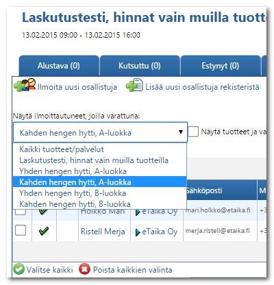 Osallistujalaskut laskutettavien valinta Valitse ne osallistujat, joille haluat tehdä laskut (rasti nimen edessä) Mikäli ilmoittautuneissa on ryhmäilmoittumisia