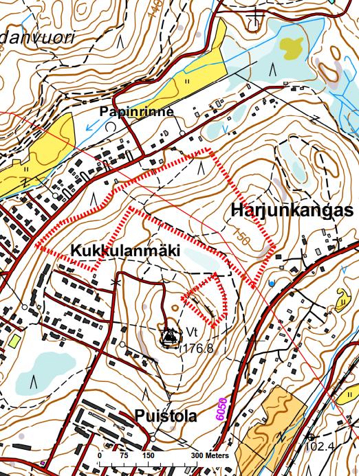 24 Osa-alue 2, Kukkulanmäki-Harjunkangas (kuva 4) Alue on osin noin 40 50-vuotiasta mustikkatyypin (MT) mäntyvaltaista kangasmetsää, mutta edustavammat osat (kuva 5) Harjunkankaalla ovat reilusti yli