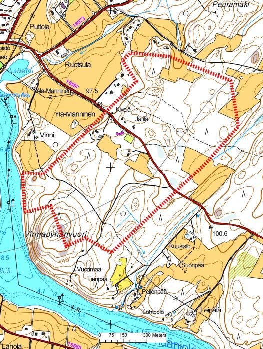 30 Osa-alue 13, Peuramäki-Virmapyhänvuori (kuva 16) Suurehko osa alueesta on melko iäkästä kuusivaltaista tuoretta mustikkatyypin (MT) ja lehtomaista käenkaali-mustikkatyypin (OMT) kangasmetsää (kuva