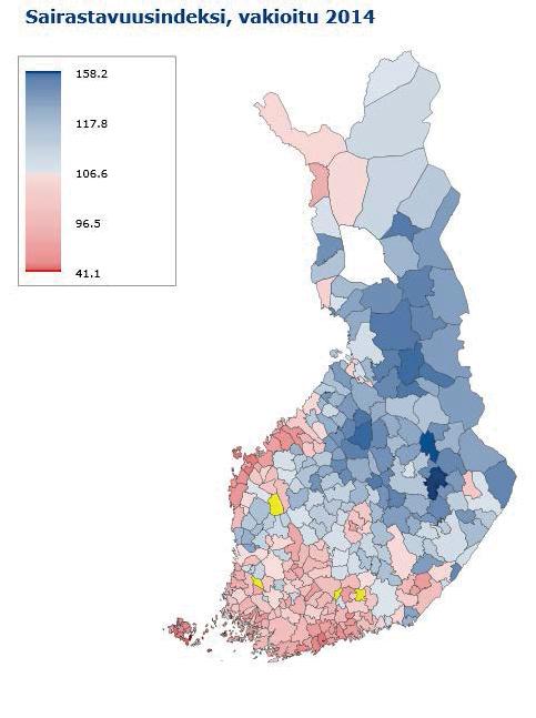 Kaikki ikäryhmät: Kelan sairastavuusindeksi Kelan sairastavuusindeksi kasvoi vuonna 2014 hieman vuoden 2013 tasosta. Indeksiluku (106,4) on koko maan tasoa (100) suurempi.