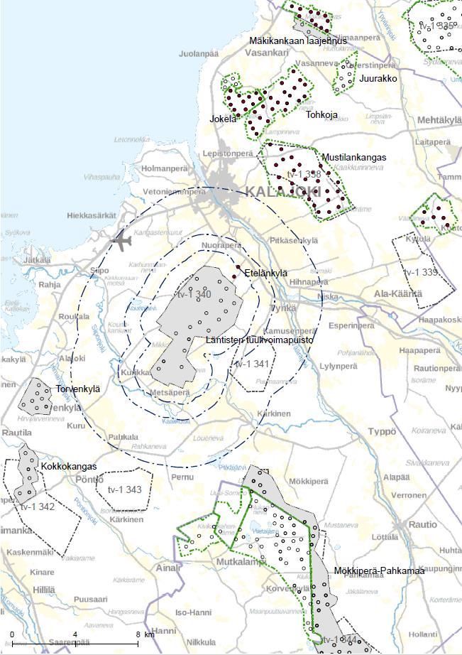 34 Kartta 2. Tarkasteltava tuulivoima-alue ja muut lähialueen olemassa olevat tai suunnitellut tuulivoima-alueet Pohjois-Pohjanmaan 1.