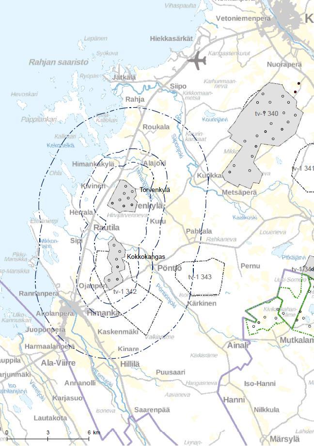46 Kartta 2. Tarkasteltava tuulivoima-alue ja muut lähialueen olemassa olevat tai suunnitellut tuulivoima-alueet Pohjois-Pohjanmaan 1.