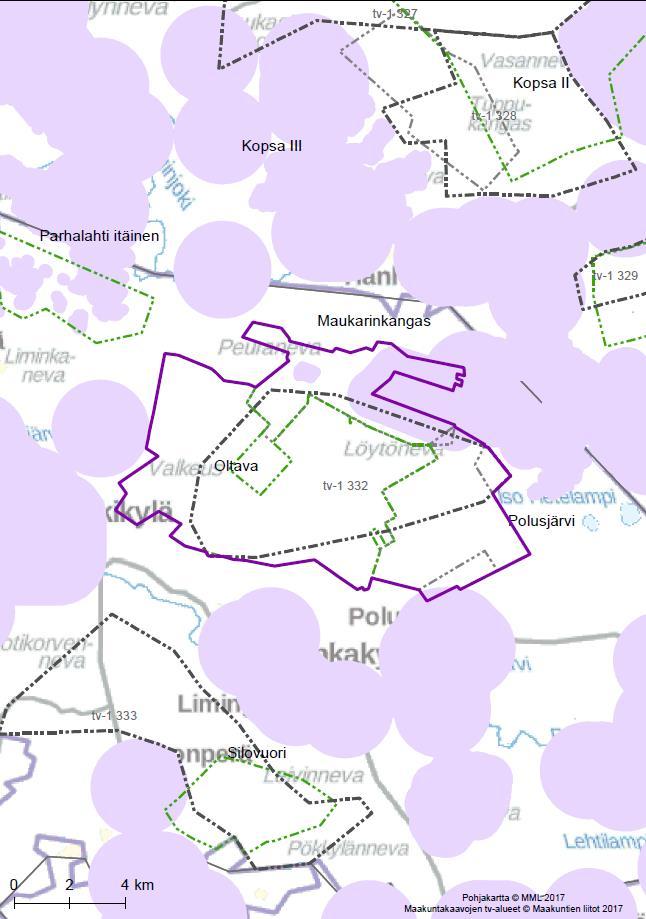 91 Kartta 3. Puskurianalyysin tulokset. Tarkasteltava tuulivoima-alue Pohjois-Pohjanmaan 1.