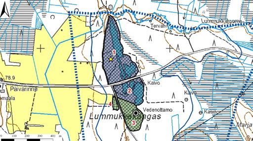 Soranottoalueet: Murheettoman pohjavesialue, 1000402 I lk, Kauhava. Lummukkakankaan pohjavesialueelta (kuva 158) kartoitettiin neljä soranottoaluetta.